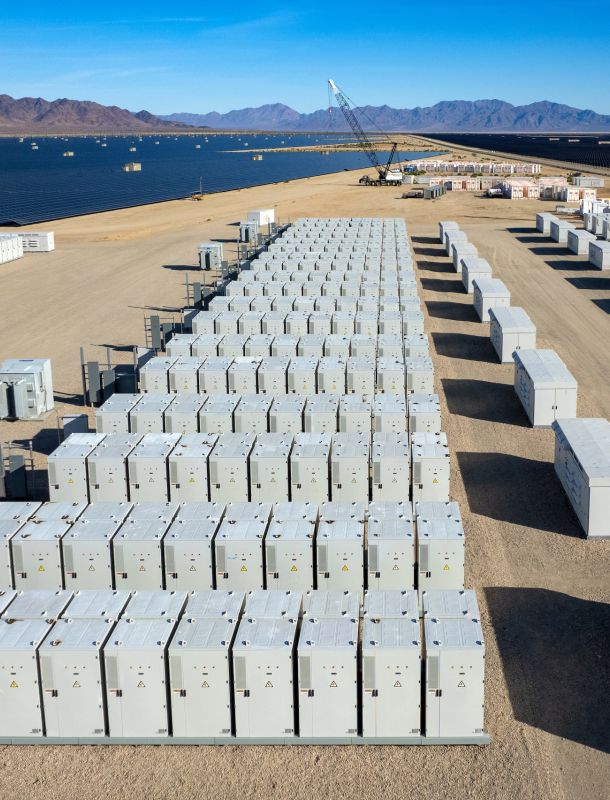 Aerial view of solar power and battery storage units in the desert copy